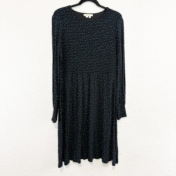 Boden Navy & Teal Polka Dot Smocked Long Sleeve Jersey Knit Dress Women's US 14L - Picture 2 of 11